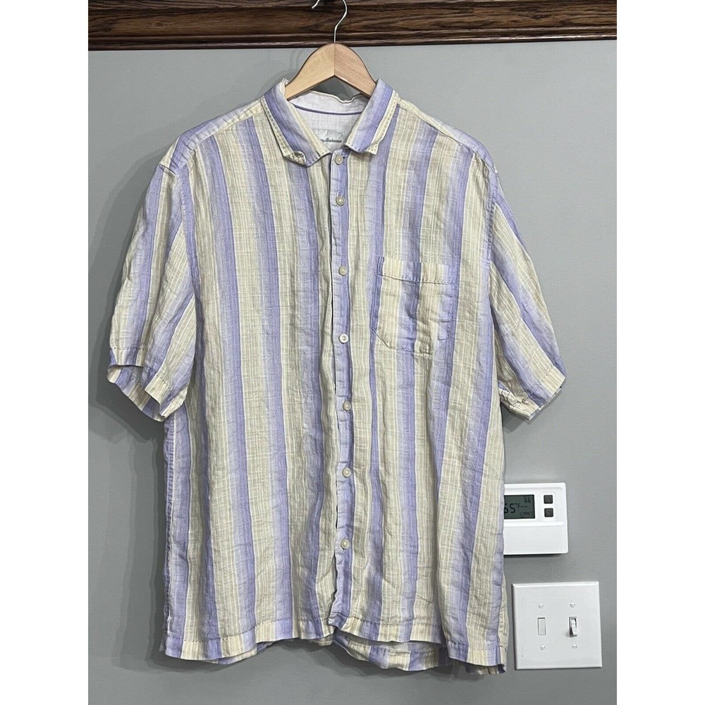 Tommy Bahama Short Sleeve Button-Down Shirt in Lavender and Cream Stripes
